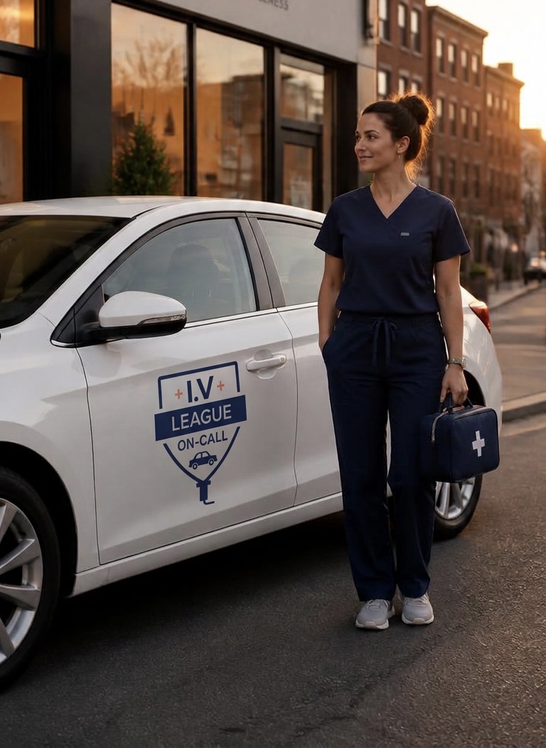 An I.V. League On-Call nurse in navy scrubs standing beside the branded white I.V. League car, holding an IV kit